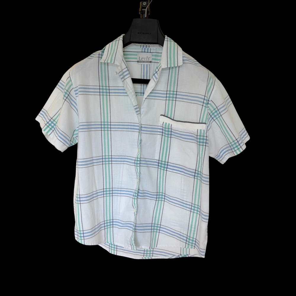 70's Levis Sportswear Vintage Plaid Short Sleeve Button Down Shirt White M
